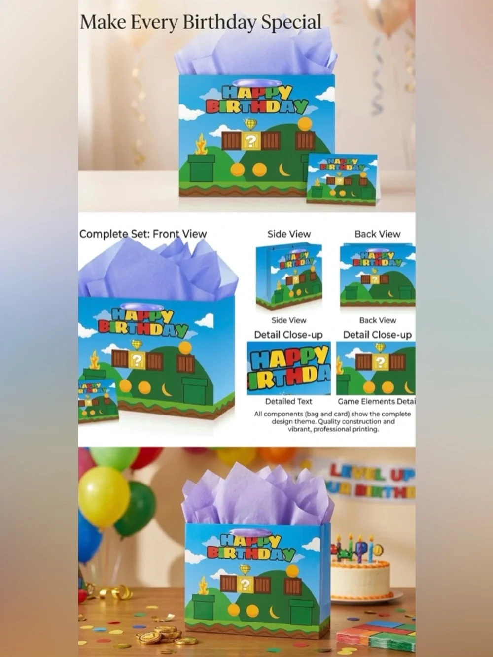 Pixel Video Game Birthday Gift Bag with Card